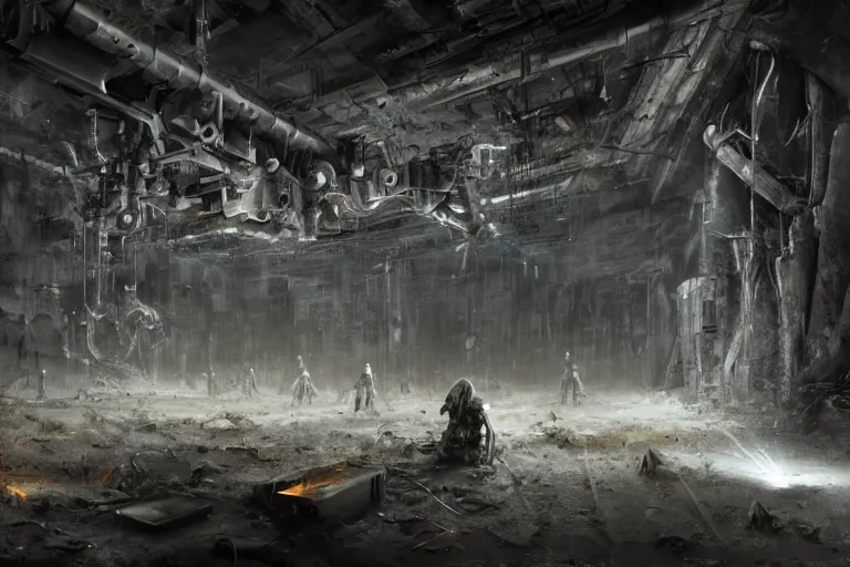 Prompt: volumetric coherent gloomy colossal ruined server room in datacenter by eddie mendoza blender robot figure automata headless drone robot knight welder posing pacing fixing soldering mono sharp focus, emitting diodes, smoke, artillery, sparks, racks, system unit, motherboard, by rutkowski artstation hyperrealism cinematic dramatic painting concept art of detailed character design matte painting