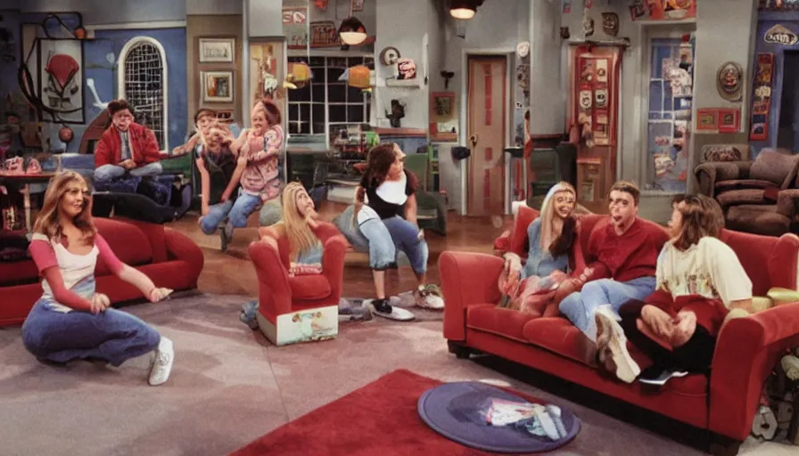 Image similar to 1990s photo of inside the Friends Show themed roller coaster at Universal Studios in Orlando, Florida, people riding a sofa coaster through the Friends apartments , cinematic, UHD