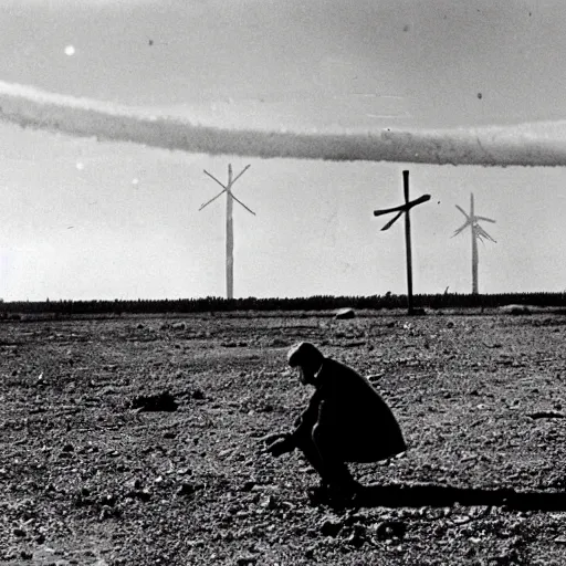 Prompt: a lone man is kneeling before a wooden cross in a barren wasteland as the plume from the explosion of a nuclear bomb is seen in the distance