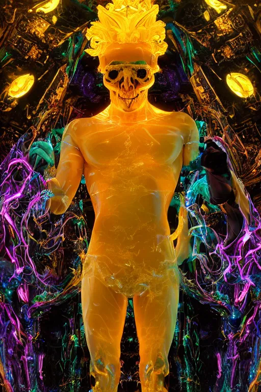 Image similar to photo of fullbody rococo and cyberpunk delicate neon crystalline sculpture of seductive muscular onyx albino marble prince nick jonas teal iridescent humanoid deity wearing yellow plastic hooded cloak holding an onyx skull in a onyx space dungeon, reclining, glowing yellow face, crown of white diamonds, cinematic lighting, photorealistic, octane render 8 k depth of field 3 d
