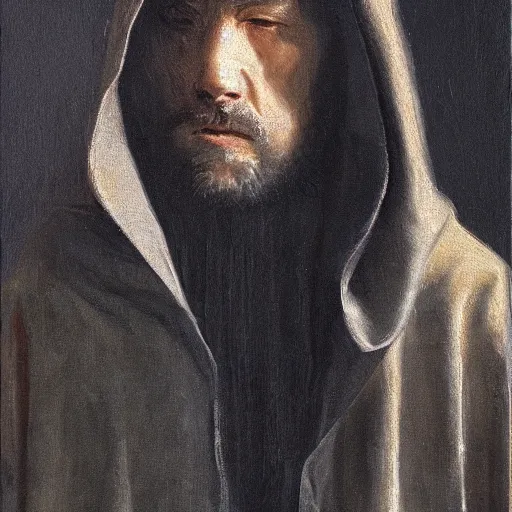 Image similar to a portrait of a man wearing a long dark cloak, hood and shadows covering face, oil painting, high detail