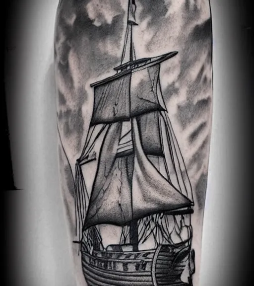 Image similar to A realism tattoo design of a pirate ship, white background, black and white, highly detailed tattoo, realistic tattoo, realism tattoo, beautiful shades