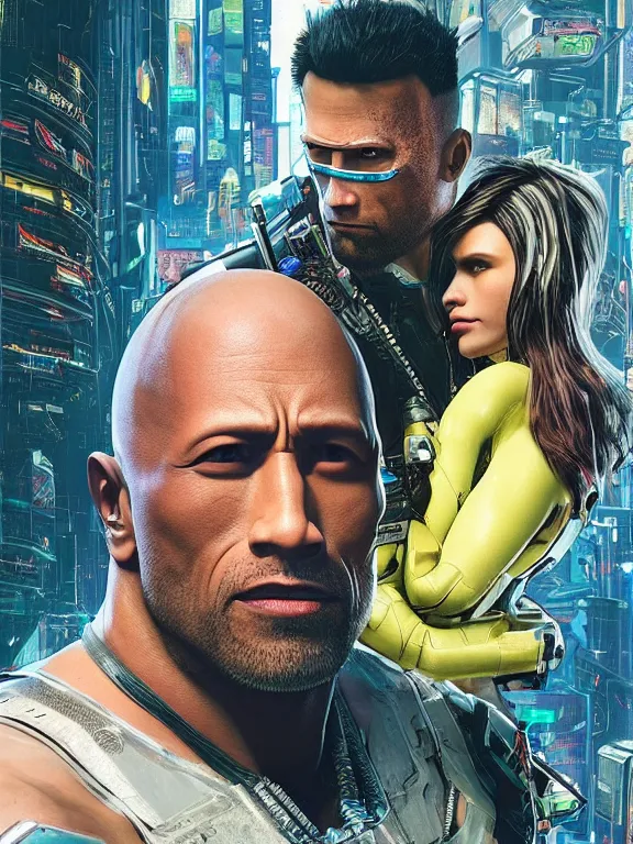 Image similar to a cyberpunk 2077 wedding portrait of Dwayne Johnson holding a female android,complex mess of cables and wires behind them connected to giant computer, love,film lighting, by laurie greasley,Lawrence Alma-Tadema,William Morris,Dan Mumford, trending on atrstation, full of color,face enhance, highly detailed,8K, octane,golden ratio,cinematic lighting