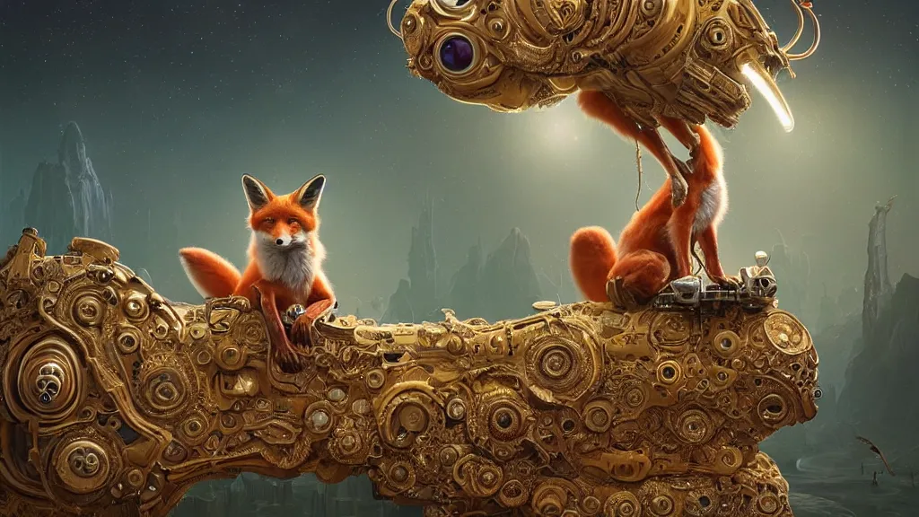 Image similar to a hyperrealistic photographical cream cyborg fox sitting on an ornate alien couch, symmetrical, intricate, detailed, volumetric lighting, sharp focus, photorealism, digital painting, highly detailed, concept art, by roger dean and beth cavener and simon stalenhag and mark brooks