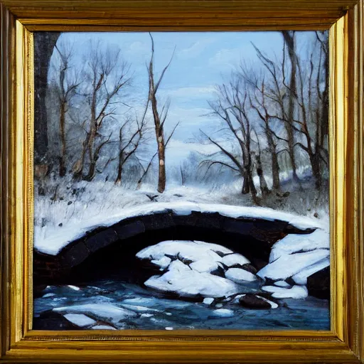 Image similar to Stone bridge over brook, pastoral scene. Winter, fresh snow. Oil on canvas, award winning