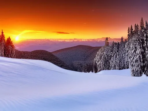 Image similar to a calm, soothing and cozy landscape, snowy mountains, sunset, panorama view, 4 k