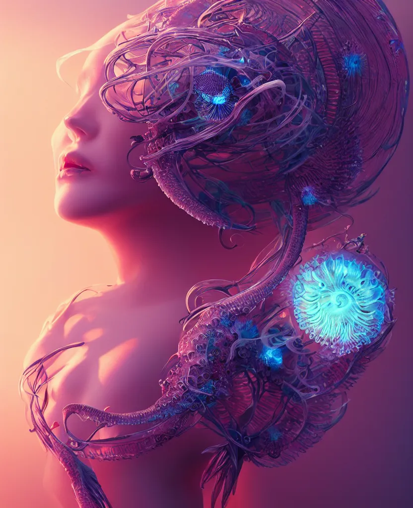 Image similar to goddess close-up portrait. orchid jellyfish phoenix head, nautilus, skull, betta fish, bioluminiscent creatures, intricate artwork by Tooth Wu and wlop and beeple. octane render, trending on artstation, greg rutkowski very coherent symmetrical artwork. cinematic, hyper realism, high detail, octane render, 8k