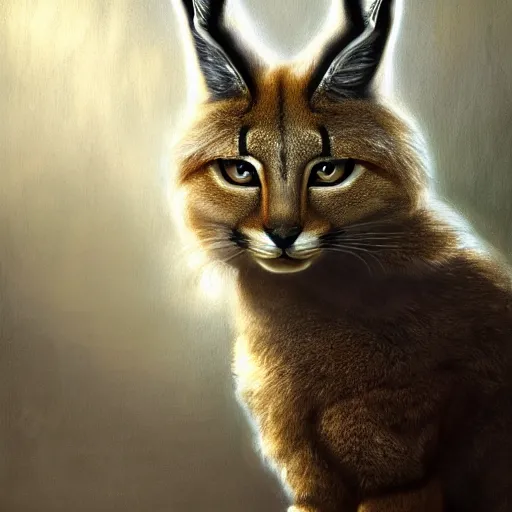 Prompt: a portrait of a cute fluffy caracal wearing leather armor from skyrim, fantasy setting, dark environment, serene colors, soft lighting, atmospheric, cinematic, moody, in the style of diego koi, gina heyer, luiz escanuela, art by alyssa monk, hyperrealism, rule of thirds, golden ratio, oil on canvas, 8 k