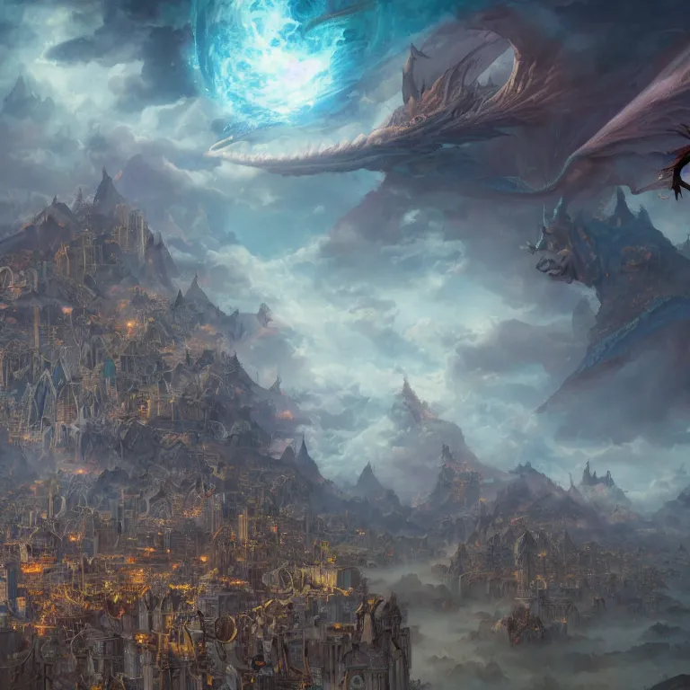 Image similar to dragon, huge city, floating city on clouds, by wayne barlowe, peter mohrbacher, kelly mckernan, epic scene, 4 k, fantasy, colorful, environment, detailed