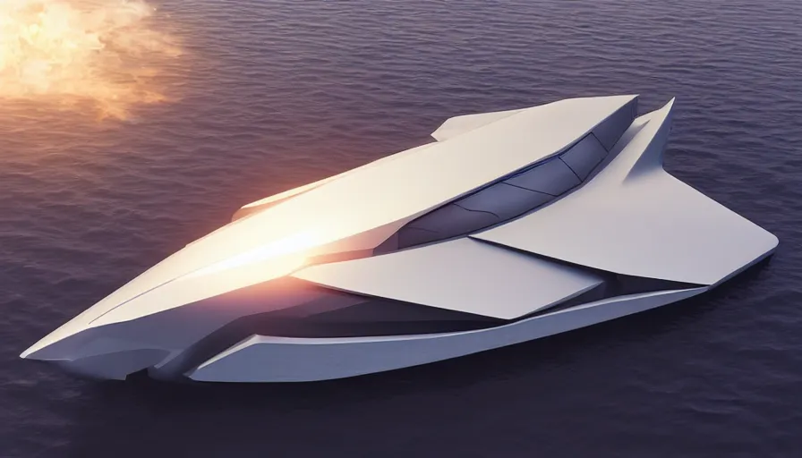 Image similar to a futuristic sport yacht by artgerm and greg rutkowski and alphonse mucha, zaha hadid, volumetric light, detailed, octane render, midsommar