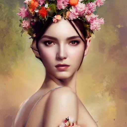 Prompt: expressive realistic oil painting, of alluring european princess, seductive look, smooth glowing skin, glistening body, love, adoration, ornate headpiece made from flowers, glamour shot, by yoshitaka amano, by greg rutkowski, by jeremyg lipkinng, by artgerm and sue bryce, digital art, octane render