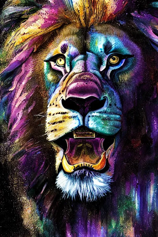 Image similar to ink acid shadow lion, painted by erol otus and david thierree and dan adkins and john berkey, trending on artstation, volumetric lighting macro view muted colors, iridescent colors, dark academia, symbolism, brushwork