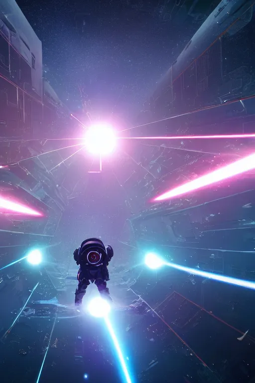 Image similar to wide view of a dozen futuristic spacemen firing lasers, zero gravity, floating, in space, bright, hiding behind obstacles, surrounded by a laser grid, stars visible, unreal engine, lensflares, low perspective, fish eye