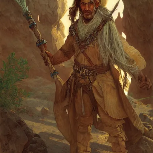 Image similar to Kethlan the elven desert bandit. Hidden ruins. Epic portrait by james gurney and Alfonso mucha.