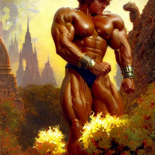 Image similar to stunning bodybuilder defeating metabo man, highly detailed painting by gaston bussiere, craig mullins, j. c. leyendecker, 8 k