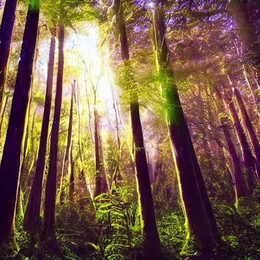 Image similar to a forest with glowing plants, magical, starts visible in the sky, wide shot, dramatic lighting