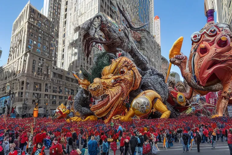 Prompt: photo of giant beautiful elaborate parade float designed by geoff darrow!!!!!!!! and ( ( ( ( ( ( hr giger ) ) ) ) ) ), in the macys parade, detailed 4 k photo