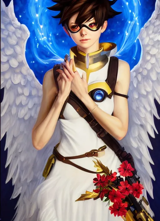 Image similar to full body oil painting of tracer overwatch in the style of sophie anderson, angel wings, white dress, dramatic painting, symmetrical composition, ornate, high detail, gold detailed collar, blooming, lights, flowers,