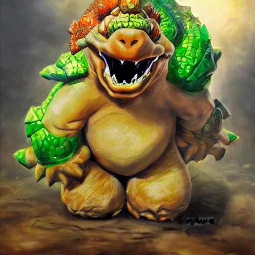 Image similar to An ultra realistic portrait painting of Bowser the Koopa King in the style of Frank Frazetta, 4k, Ultrarealistic, Highly Detailed, Dark Fantasy, Epic Lighting