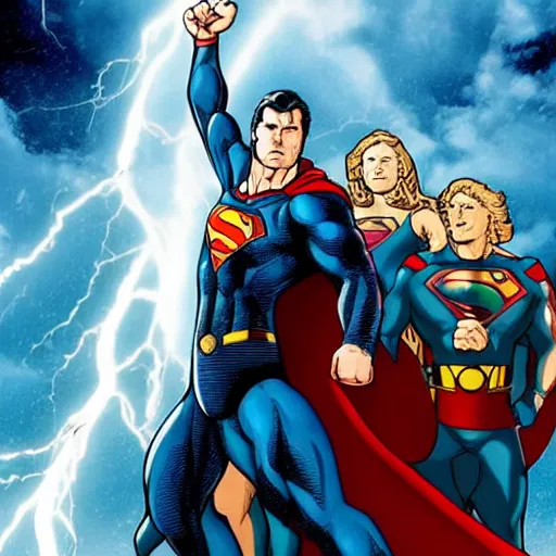 Image similar to Ultra-high resolution. Thor, Superman and Dr. Manhattanin in the Fortress of Solitude. Thor holding Mjolnir, Mjolnir shooting out lightning bolts, Vegvesir symbol in background.