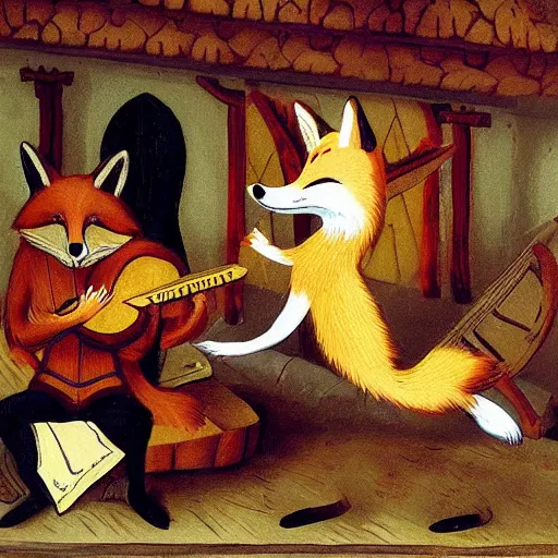 Image similar to An anthropomorphic fox playing the lute in a tavern full of anthropomorphic animals, by Ken Anderson and Don Bluth