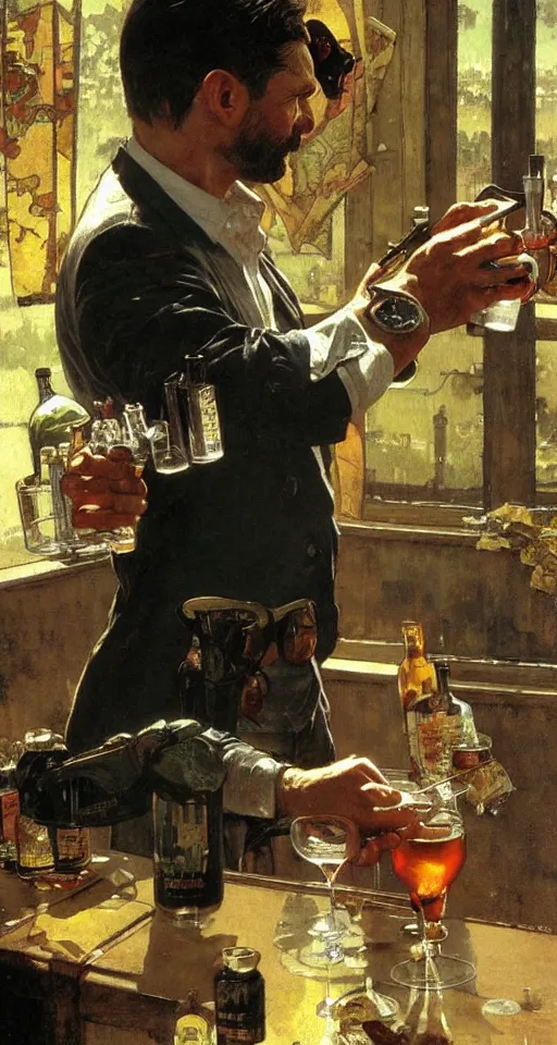 Image similar to close up of max payne pouring a drink, sun shining, photo realistic illustration by greg rutkowski, thomas kindkade, alphonse mucha, loish, norman rockwell.