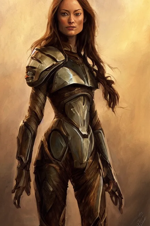 Image similar to a professional painting of a young Olivia Wilde, clothes in military armor, olive skin, long dark hair, beautiful bone structure, symmetrical facial features, intricate, elegant, digital painting, concept art, smooth, sharp focus, illustration, from StarCraft by Ruan Jia and Mandy Jurgens and Artgerm and William-Adolphe Bouguerea