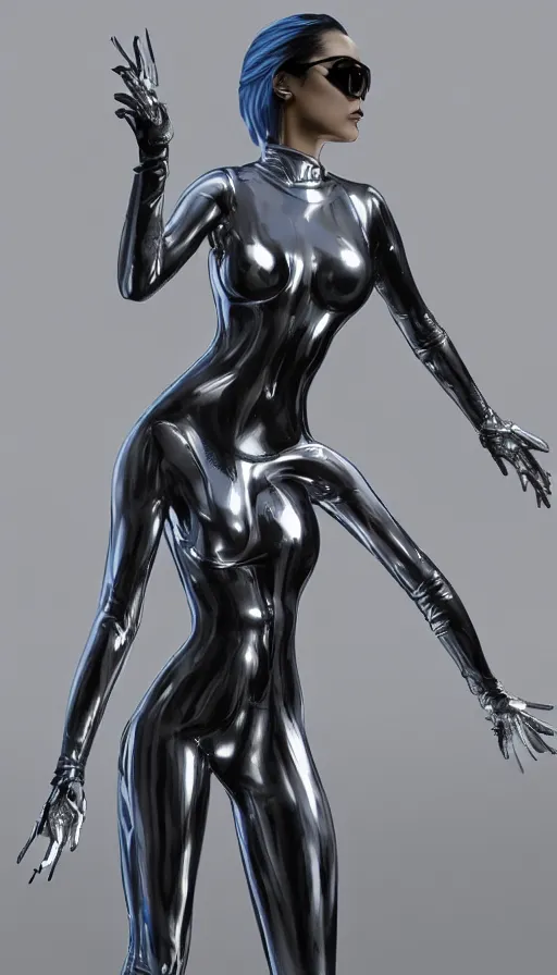 Prompt: a futuristic woman in a black and silver suit, cyberpunk art by sorayama, cgsociety, retrofuturism, toonami, made of liquid metal, ray tracing