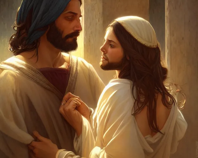 Image similar to photography of jesus coupling with a women in jerusalem, deep focus, intricate, elegant, highly detailed, digital painting, artstation, concept art, matte, sharp focus, illustration, art by artgerm and greg rutkowski and alphonse mucha