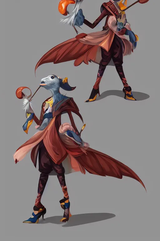 Image similar to Trendy Fashionable Anthropomorphic bird, MOBA character concept art, trending on artstation, 8