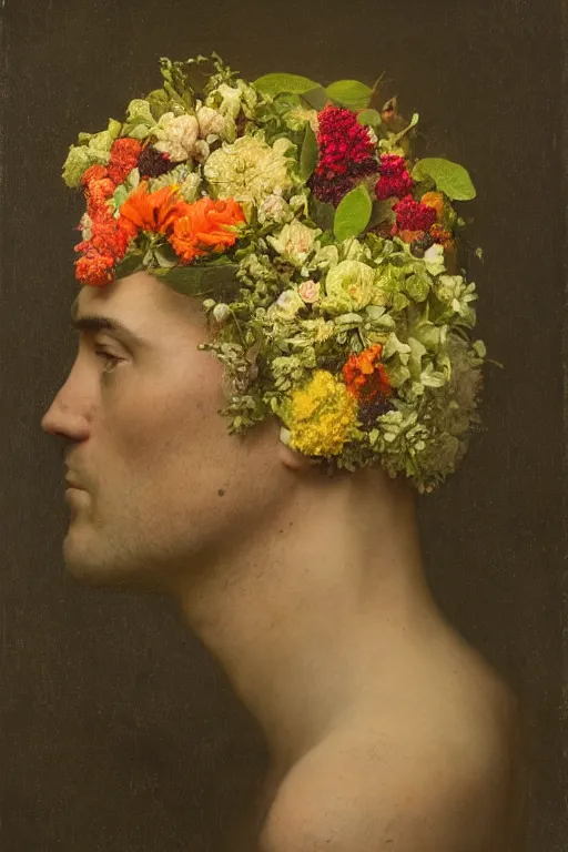 Prompt: a man's face in profile, clean shaven, made of flowers and fruit, in the style of the Dutch masters and Gregory crewdson, dark and moody