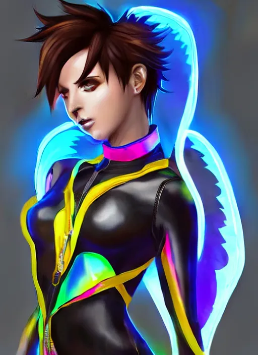 Image similar to portrait bust digital artwork of tracer overwatch, wearing iridescent rainbow latex and leather straps catsuit outfit, neon makeup, in style of mark arian, angel wings, wearing detailed leather collar, chains, black leather harness, detailed face and eyes,