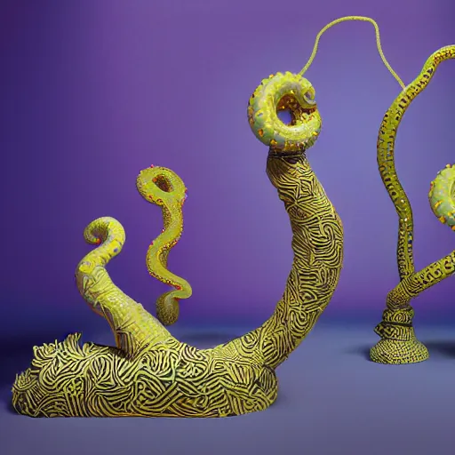 Prompt: ceramic colourful patterned sculptures, soft 3d render, diffused lighting, underwater, atlantis world, gold leaf ceramic pieces and trim, gold lines tentacles, artwork by shary boyle + Yeesookyung