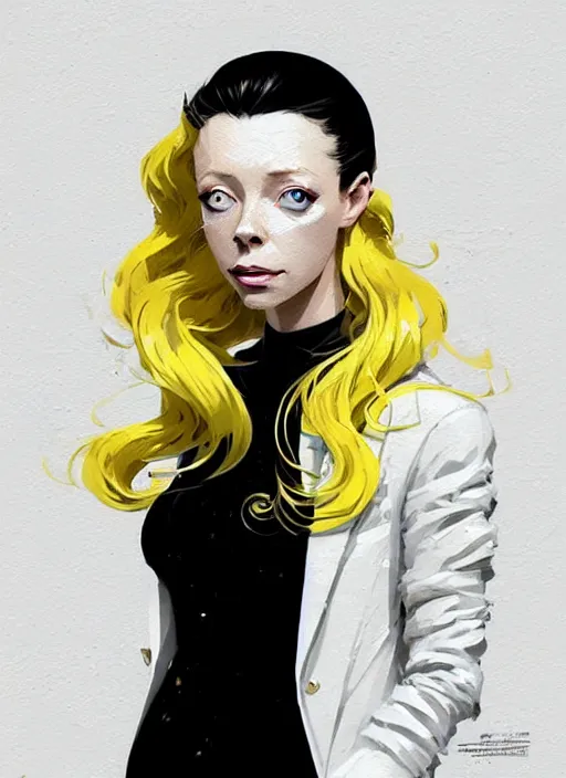 Image similar to highly detailed closeup portrait of beautiful portia doubleday, blonde wavy hair, angela moss, white suit by atey ghailan, by greg rutkowski, by greg tocchini, by james gilleard, by joe fenton, by kaethe butcher, gradient yellow, black and white color scheme, grunge aesthetic!!! ( ( graffiti tag wall background ) )