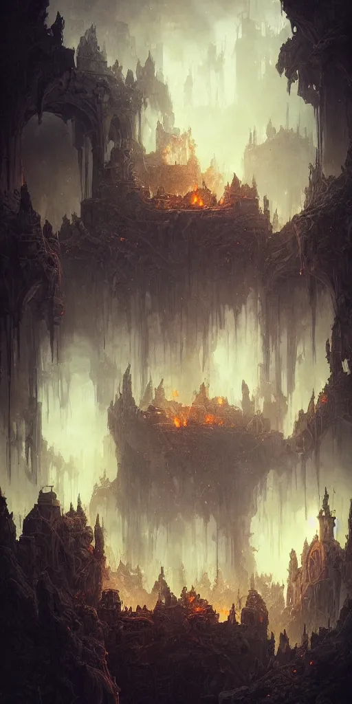 Prompt: Detailed Interior of the Burning Castle Ruins, Embers, Smoke billows, destruction walls, the ashen throne, bats flock, stunning atmosphere, in Style of Peter Mohrbacher, cinematic lighting