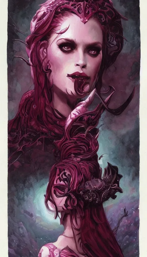 Image similar to portrait of princess of the dreamlands and moon beast, beautiful! coherent! by brom, deep colors, red maroon purple pink black, strong lines, rule of thirds