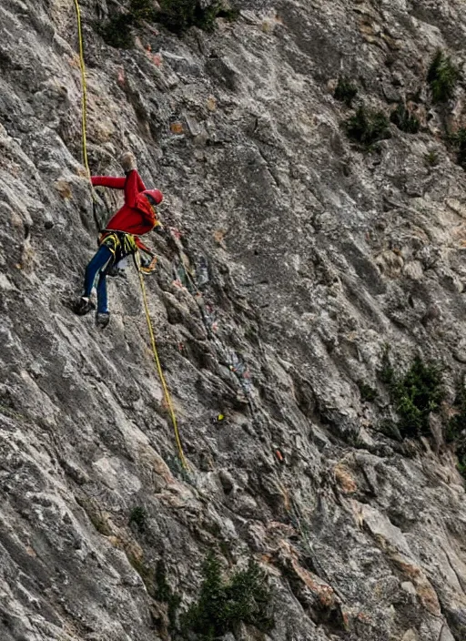 Image similar to telelens shot of a mountain climber free soloing a very steep mountain made up entirely out of french fries, sports photo,