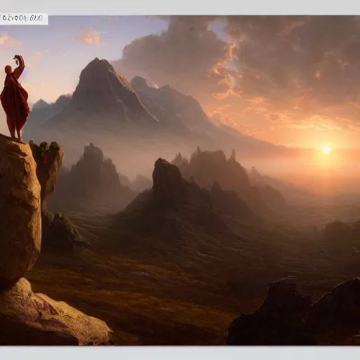 Image similar to an ultradetailed matte landscape painting of a large mountain made into a sculpture of a woman, sunrise on the horizon in the background, stone hand raised up, 8 k, art by greg rutkowski and albert bierstadt