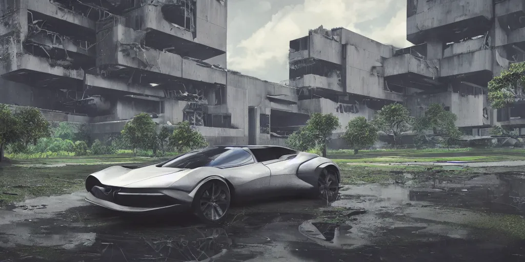 Prompt: highly detailed futuristic car, on the background brutalist architecture by Le Corbusier, abandoned buildings, empty streetscapes, surrounded by lush green vegetation, ground-level view, puddles of water, stunning volumetric lighting, sunset, trending on Artstation, 8k, photorealistic, hyper detailed, unreal engine 5, cinematic, epic lighting, cryengine, octane render, nvidia ray tracing, cyberpunk, red and orange glow, dark, gloomy