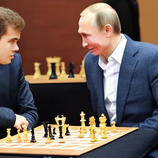 Image similar to magnus carlsen playing chess with vladimir putin,