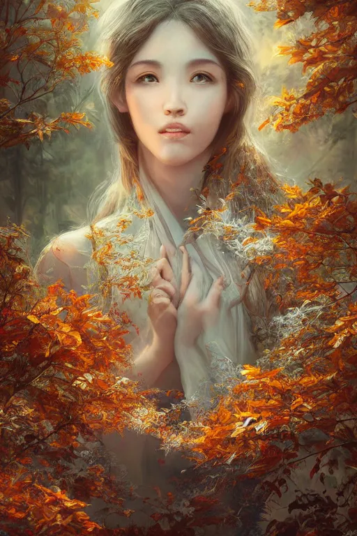 Image similar to Ethereal the peaceful place with four season weather,autumn,winter,spring, summer, intricate detail, ornate, conceptual art, concept art, dynamic, art by artgerm, trending on artstation, 4k, ultra detail,sharp, super detail,micro detail