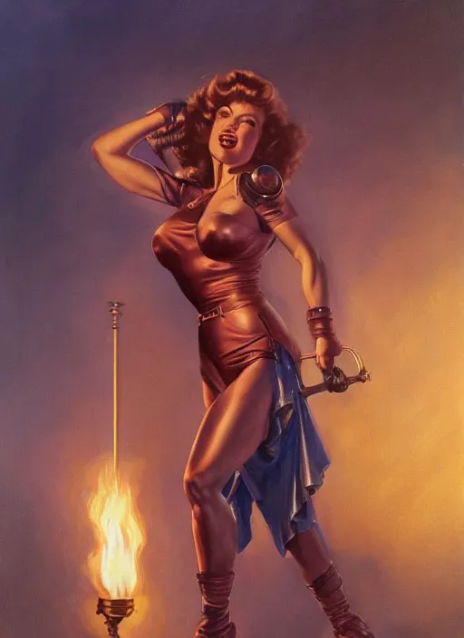 Image similar to Rita Hayworth as a muscled heroine staring into the camera, torch shadows, foggy night, intricate, elegant, highly detailed, Donato Giancola, Joseph Christian Leyendecker, WLOP, Boris Vallejo, Artgerm