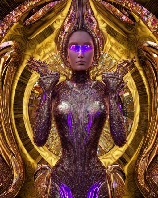 Image similar to a highly detailed metahuman 4 k close up render of an alien goddess bella hadid monument jibaro renaissance in iris van herpen dress schiaparelli in diamonds crystals swarovski and jewelry iridescent in style of alphonse mucha gustav klimt trending on artstation made in unreal engine 4