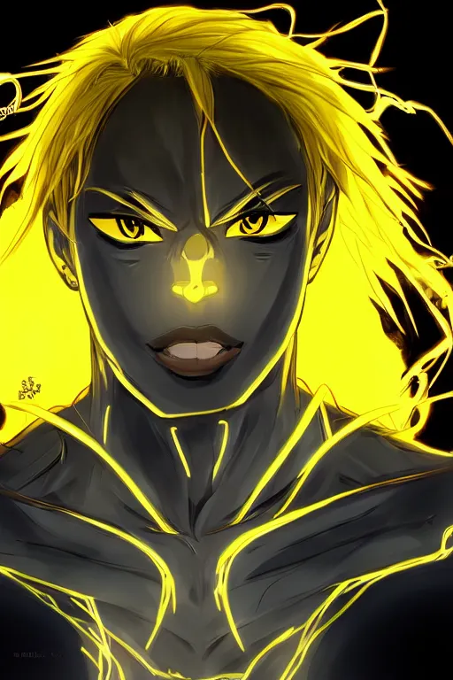 Image similar to glowing black male anime character, golden hair, yellow eyes, symmetrical, highly detailed, digital art, sharp focus, trending on art station, crazy hair, electricity superpowers, anime art style