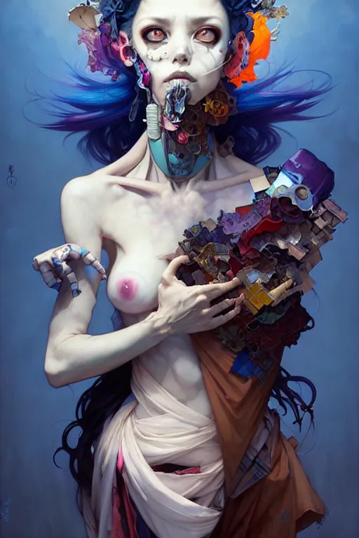 Image similar to portrait, patchwork doll, japanese gothic sytle, macabre horror, blue hour, expressive, asymmetrical art, hyperrealism, colorful, vivid, imposing, epic, abstract texture, artstation, concept art, by peter mohrbacher and wlop and rhads and artgerm and magali villeneuve and alphonse mucha