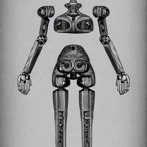 Prompt: technical drawing of ancient womanized!! humanoid robot, symmetrical, anatomically correct, old historical photo, ancient paper, photorealistic