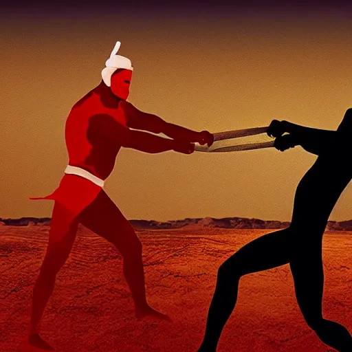 Image similar to cinematic still of silhouettes of two Mediterranean skinned men fighting in ancient Canaanite clothing, wrestling, knife, middle eastern field background, red hues, directed by Russell Mulcahy