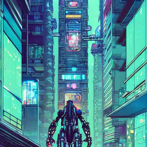 Image similar to Long shot of cyberpunk turtle cyborg on the street of a cyberpunk city, view from bottom to top, 150 mm lens, art by Josan Gonzalez, sci-fi, highly detailed, digital painting, artstation, smooth, sharp focus, illustration, concept art by Josan Gonzalez and James Gurney and Mœbius