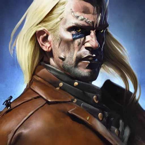 Image similar to portrait of a muscular, grim, ponytail haired blonde man in his late 30's, wearing a thick brown leather coat, looking to his side, scarred face, blue eyes, hunter, DnD character, fantasy character, dramatic lighting, digital art by Ruan Jia, Krenz Cushart, Rossdraws and Boris Vallejo