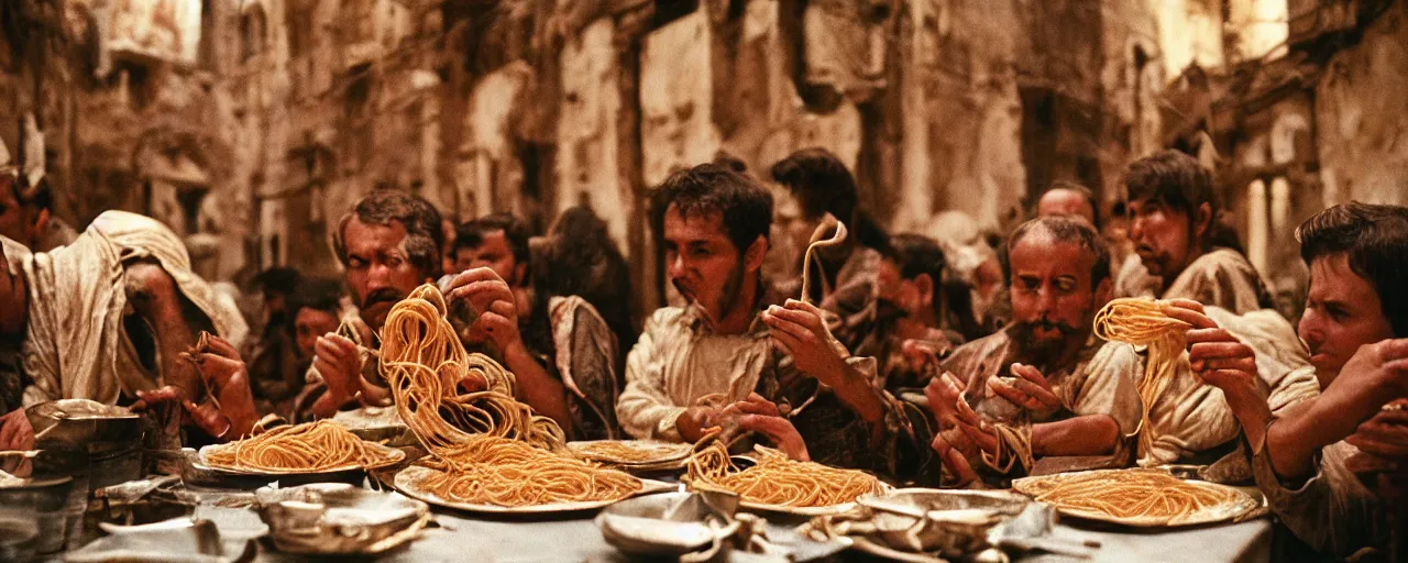 Image similar to eating spaghetti during the seige of constantinople, 7 0 0 ad, small details, intricate, 5 0 mm, cinematic lighting, photography, wes anderson, film, kodachrome